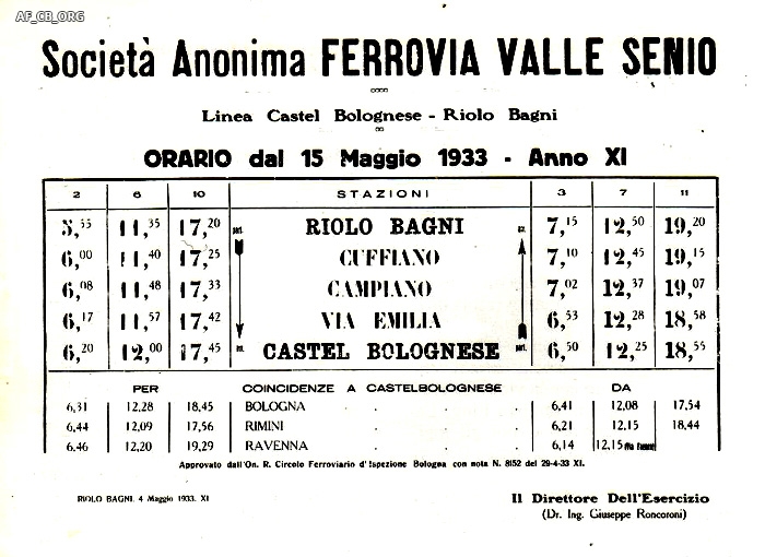 Orari della Ferrovia del Senio del 1923 e del 1933