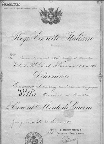Fig. 9 – Attestato di conferimento al Caporal Maggiore Aurelio Villa della Croce al Merito di Guerra e relativa Medaglia