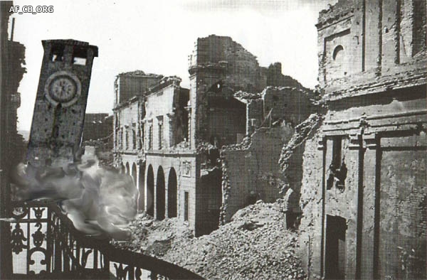 4 febbraio 1945, crollo della Torre (ricostruzione inedita a cura di Lorenzo Presutti; cliccare sull'immagine per ingrandire)