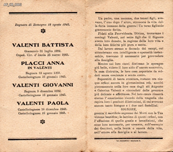 Memoria funebre stampata a Bagnara nell'agosto del 1945.
