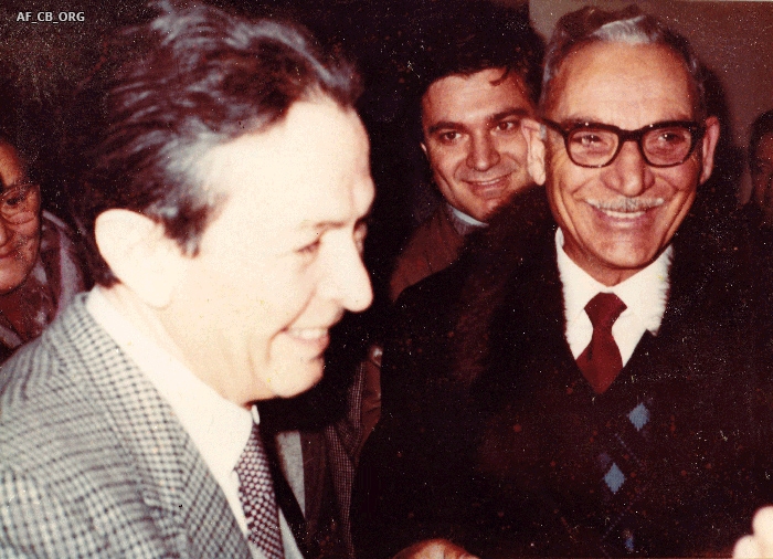 Giorgio Marezzi, presidente delle OO.PP.RR. di Castel Bolognese, ritratto con Enrico Berlinguer durante una visita del segretario PCI alla Provincia di Ravenna