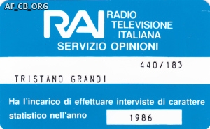 Tessera di intervistatore rilasciata a Tristano Grandi per l'anno 1986