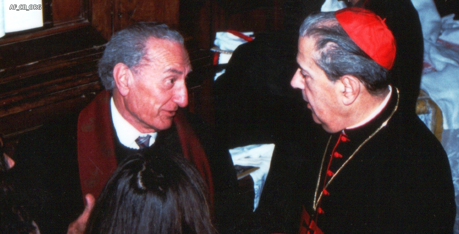 Domenico Minardi e il cardinale Achille Silvestrini nel 1990 fotografati in un momento della visita di Silvestrini a Castel Bolognese